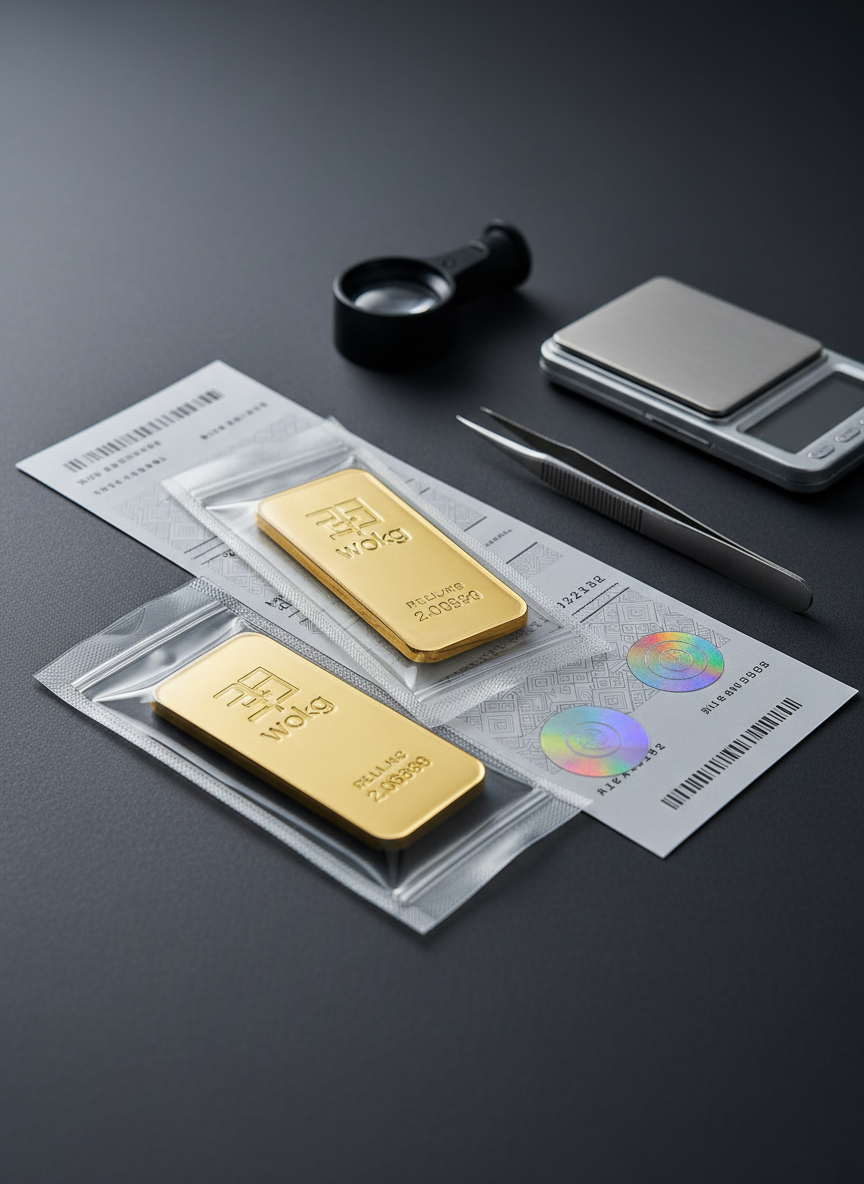 A highly detailed, photographic close-up of authenticity and safety elements associated with professional gold trading. On a smooth dark grey surface rest multiple tamper-evident packages containing gold bars, their transparent sleeves revealing the bars’ lustrous surfaces. Beside them lie printed authenticity certificates with intricate, non-text graphic patterns, holographic security seals, and serial-number-like markings rendered as abstract lines. A discreet jeweler’s loupe, a pair of precision tweezers, and a clean digital scale sit nearby, suggesting meticulous verification. Cool-white overhead lighting ensures every detail is crisp, while controlled shadows add depth without harsh contrast. Captured from a slightly elevated angle with sharp focus, the composition emphasizes order and precision. The mood is highly professional, secure, and credible, underlining the trust and transparency of the gold, silver, and diamond trading process.