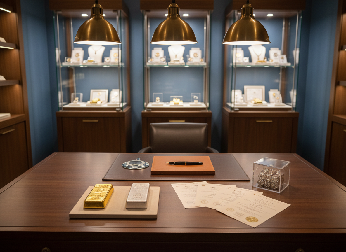 A refined consultation setting inside a bullion and jewelry trading boutique, shown without people. A dark wood consultation desk sits in the foreground, topped with a neatly arranged gold bar, a silver bar, a small diamond cluster in a transparent case, and a fan of detailed authenticity certificates. A pen, a leather tray, and a discreet digital scale complete the scene. Behind the desk, glass showcases display additional gold and silver items in soft focus. Warm, diffused pendant lighting above the desk creates a focused pool of light, producing gentle reflections on the metal surfaces and certificates. The composition is centered with a slight angle from above, emphasizing clarity and organization. The mood is trustworthy, expert, and calm, conveying careful one-on-one guidance about buying and selling precious metals.
