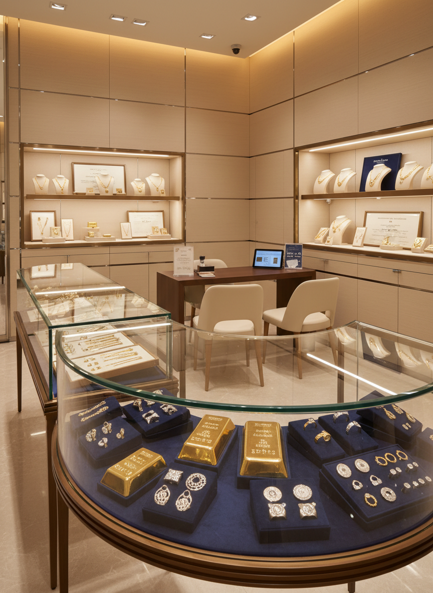 A wide, photographic view of a modern, high-end bullion store interior within a luxury department store. Sleek glass display cases form a refined U-shape, showcasing organized trays of gold bars, gold jewelry, silver pieces, and diamond sets on deep navy velvet. The floor is polished stone with a subtle reflection, and the walls feature light beige panels with minimalist metal accents. Warm, even overhead lighting and focused spotlights above each case create a bright yet calm atmosphere, highlighting the shine of the precious metals without glare. In the middle ground, a discreet consultation desk with two elegant chairs faces a tablet and a small stand holding authenticity certificates and tamper-proof packaging. Shot from a slightly elevated angle with sharp focus throughout, the mood is professional, secure, and welcoming.